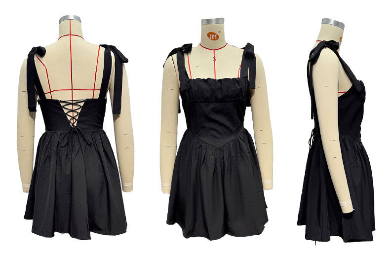 Summer WomenŸ??s Square Neck High Waist Pleated Bow Strap A-line Dress 7