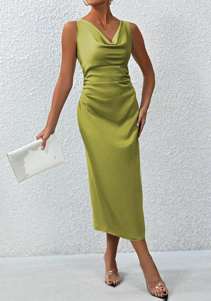 Women Spring and Summer Pleated Sexy Satin Maxi Dress