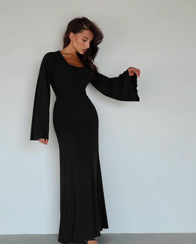 Women Autumn Loose U-neck Lace-up Long Sleeve Dress 6