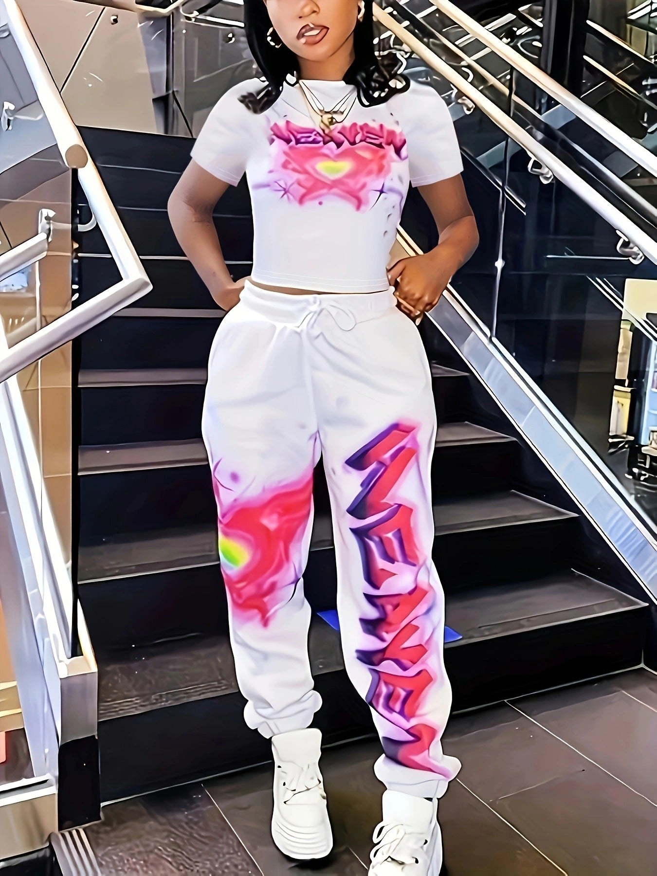 Spring Printed Fashionable Short Sleeve Two Piece Pants Set for Women 9