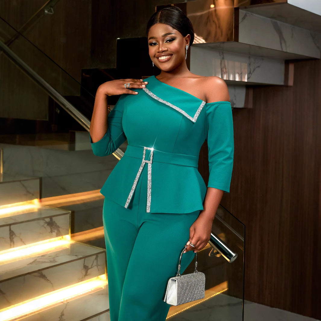 Fashion Slash Shoulder Elegant Beaded High Waist Formal Party Jumpsuits 4