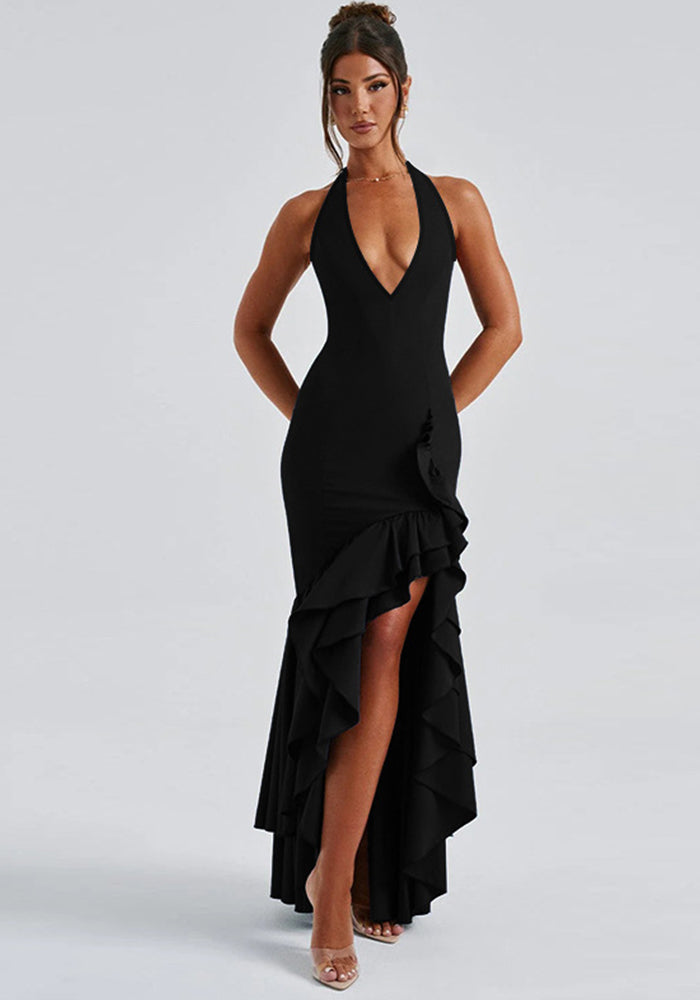 Women autumn sexy Halter Neck V Neck ruffle dress