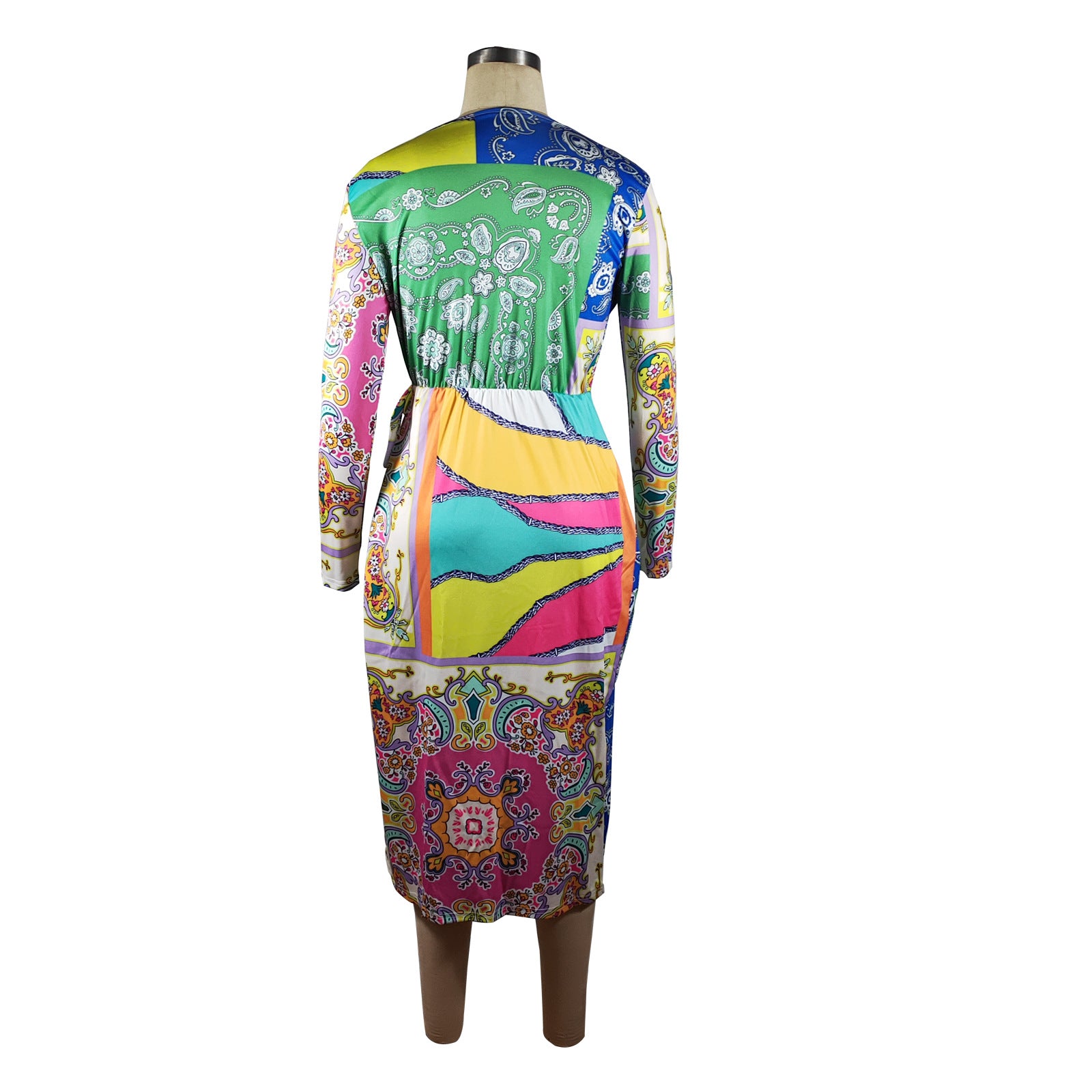 Women's Random Print V-Neck Belt Long Sleeve Midi Dress 6