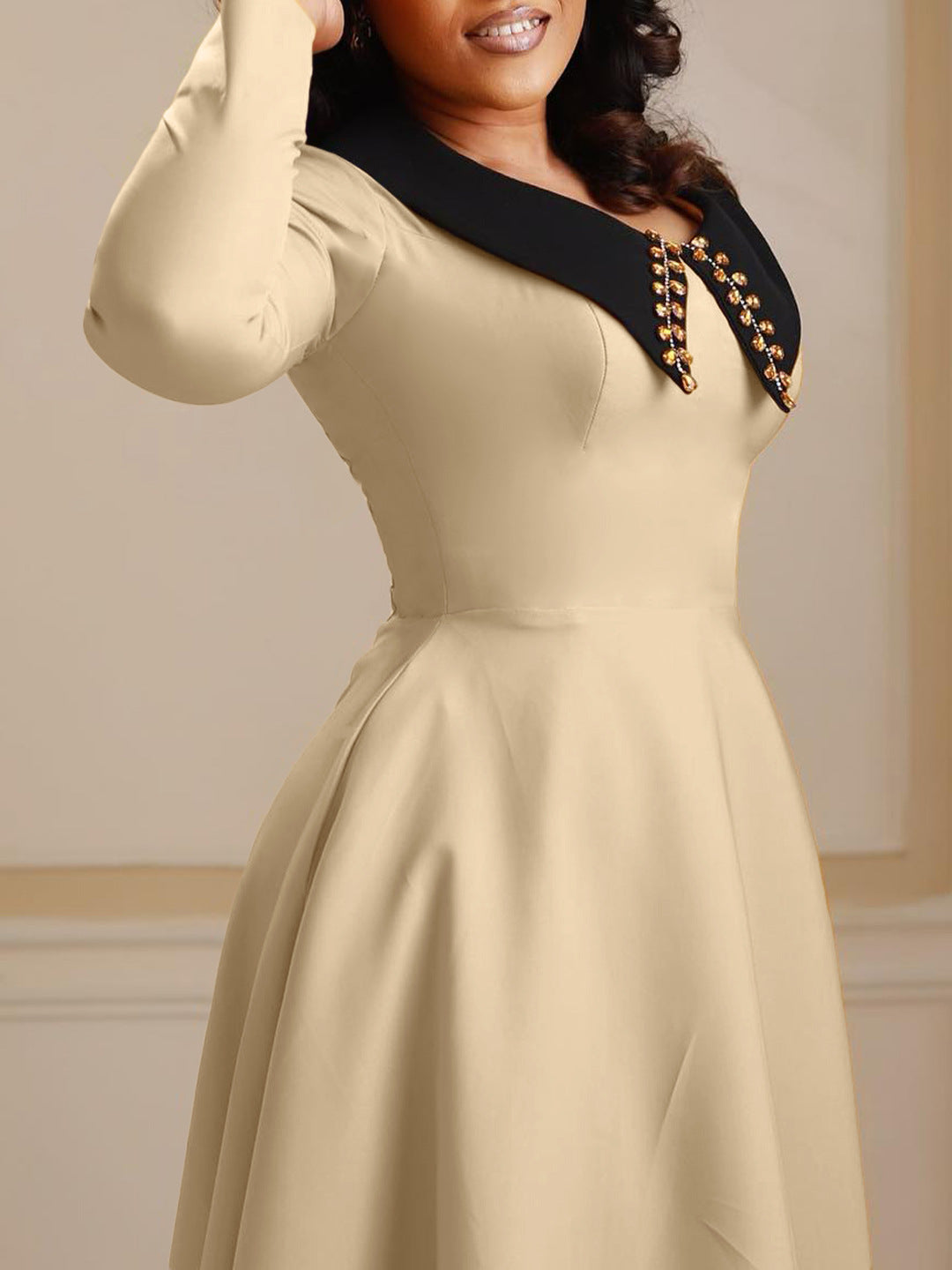 African Women Solid Long Sleeve Turndown Collar Elegant Dress 8