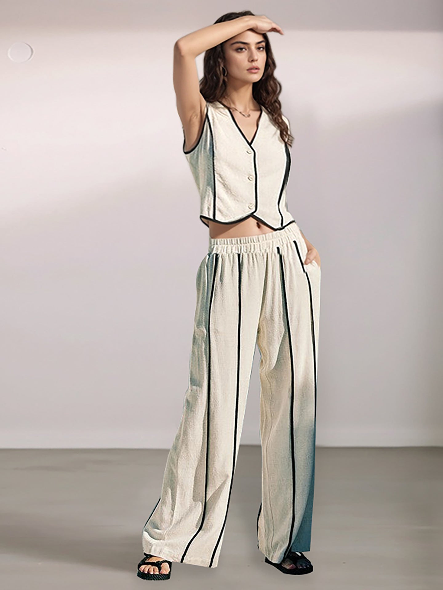Spring Summer Women's Striped Sleeveless Vest & Loose Wide-Leg Trousers Two-Piece Set 3