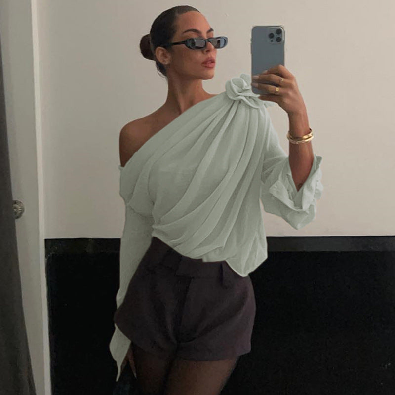 Women Sexy Slash Shoulder Chiffon Top 11