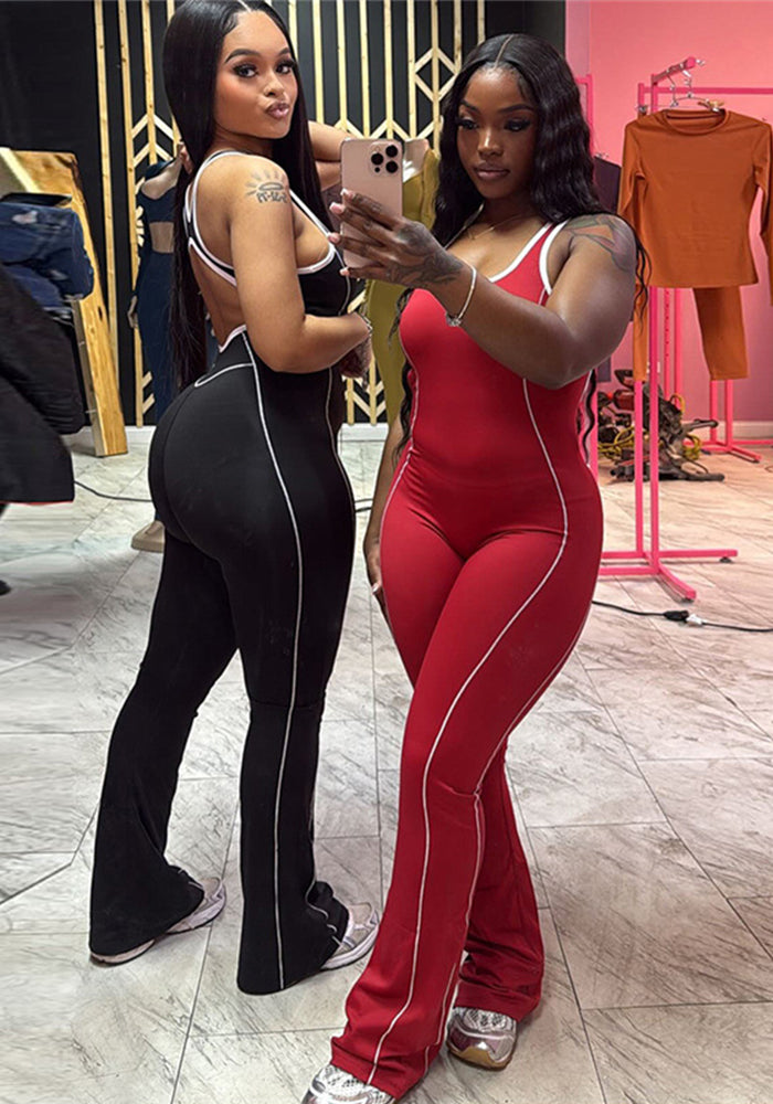 Summer Fashion Low Back Tight Fitting Contrast Color Slim Butt Lift Yoga Casual Jumpsuit for Women