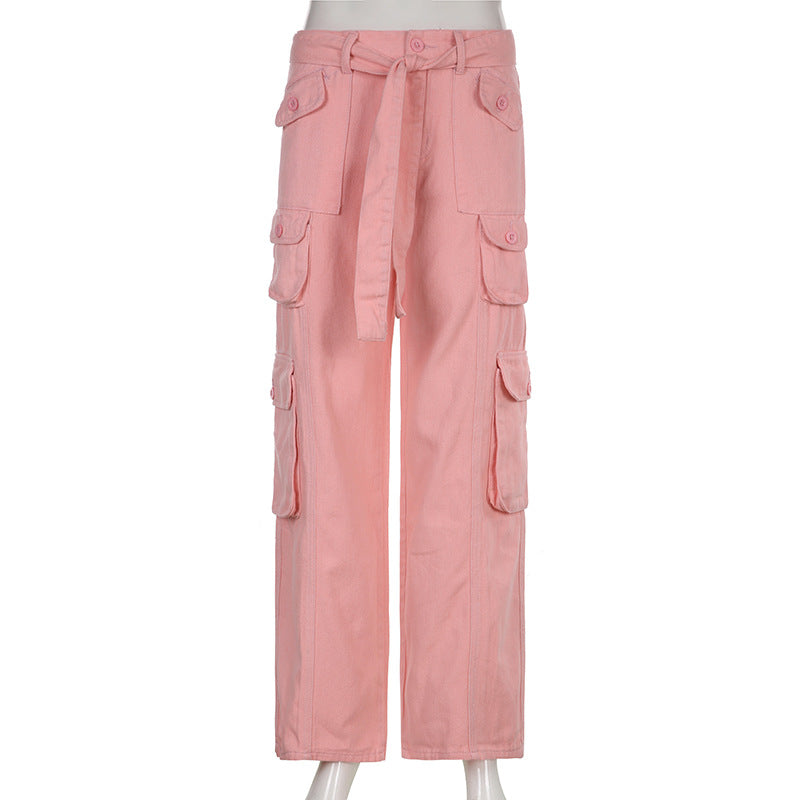 Street Hipster Women Clothing Casual Loose Drawstring Belt High Waist  Grey Wide Leg Denim Cargo Pants 4