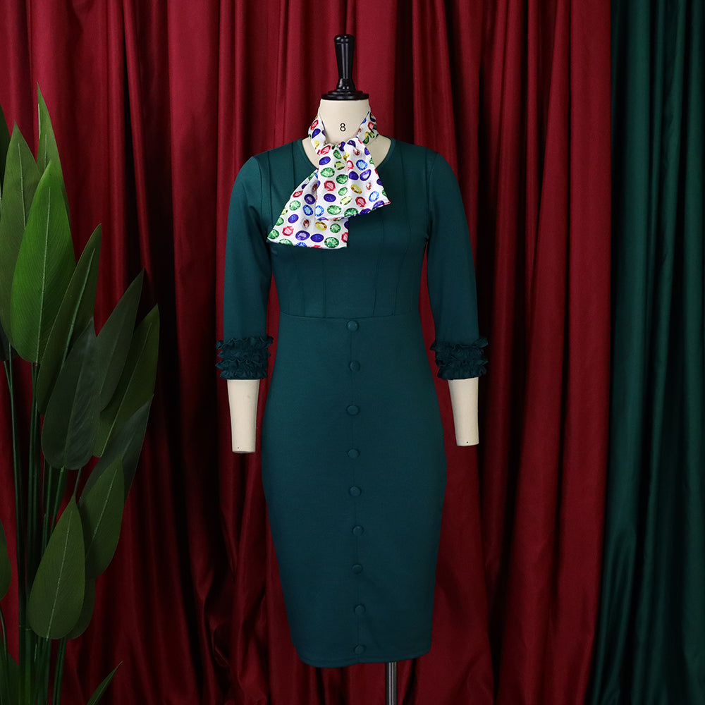 Women Fall Long Sleeve Solid Color Slit Scarf Bodycon Dress 12