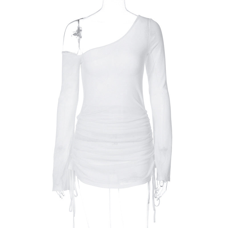 Women's  Autumn Slash Shoulder Long Sleeve Sexy See-Through Short Dress 9