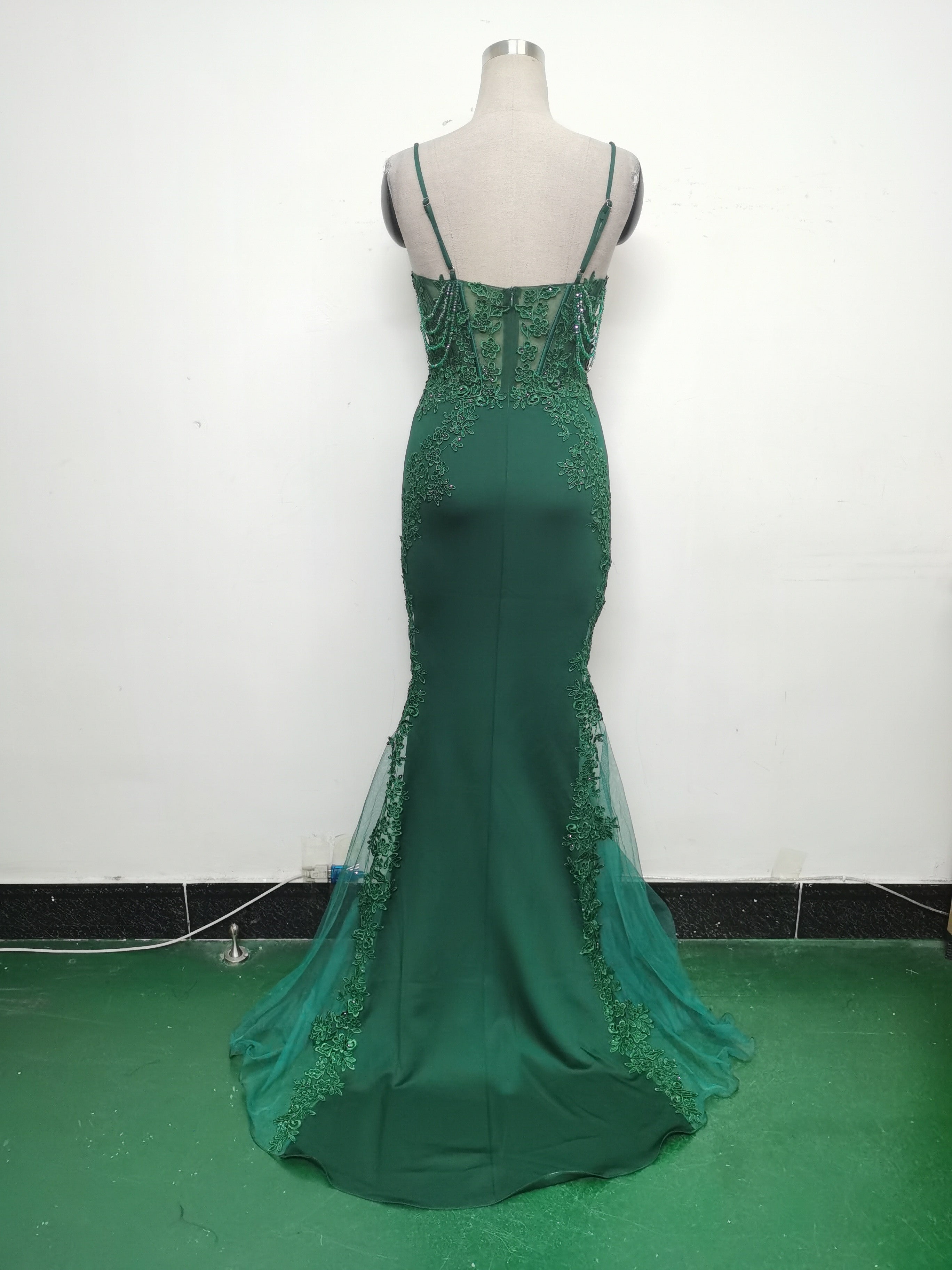 Sexy Strap Rhinestone Chain Fishbone Lace Evening Dress 34