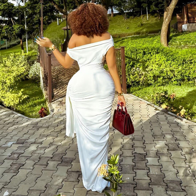 Women's Solid Color Slash Shoulder Casual Ribbon Long Dress 5