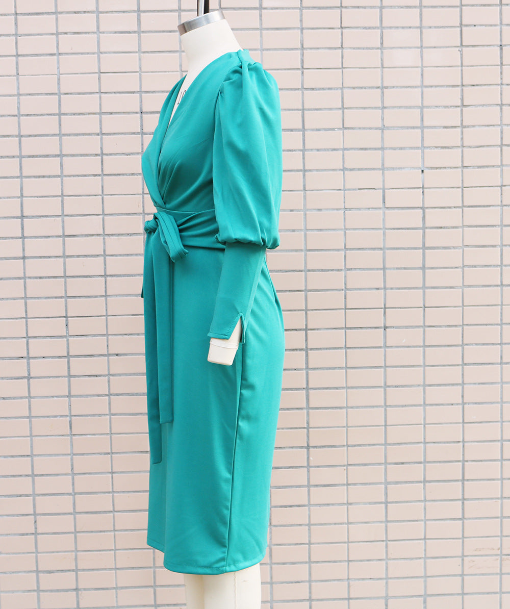 Women Puff Long Sleeve V Neck Bodycon Dress 17