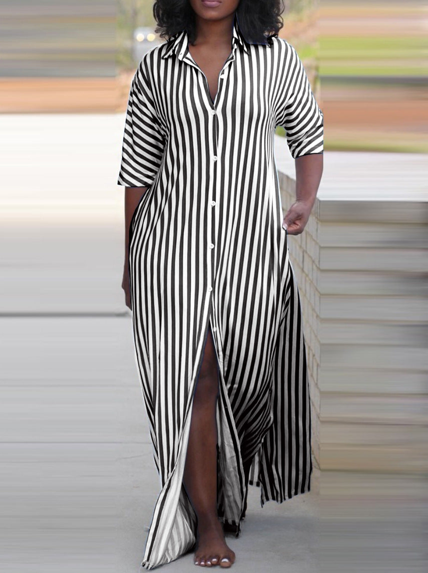 Women Summer Loose V-Neck Long Striped Shirt Dress 7
