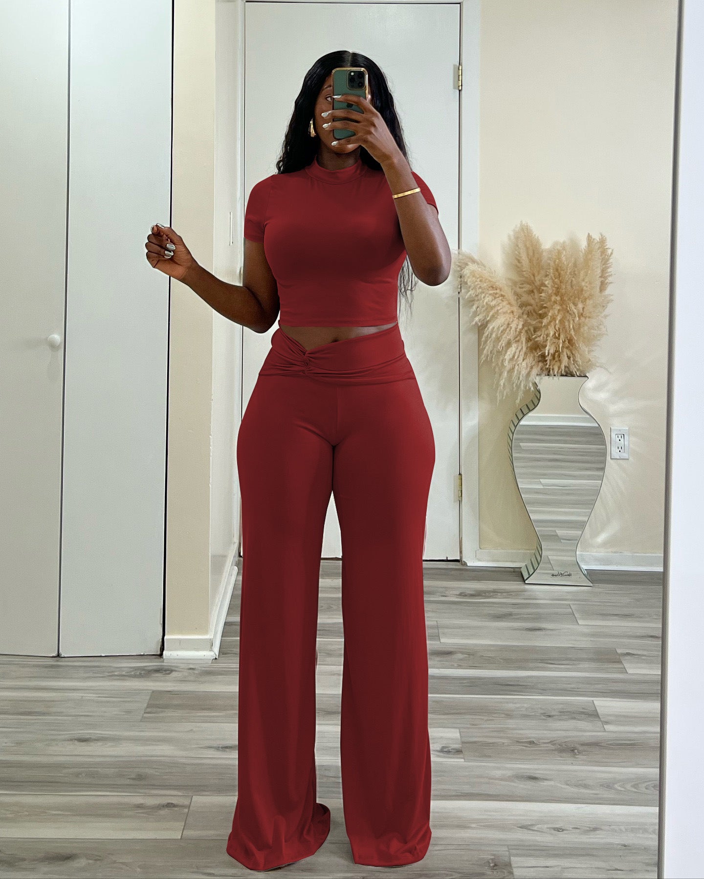 Women Summer Solid Stretch Knot Top and Wide Leg Pants Two-Piece Set 5