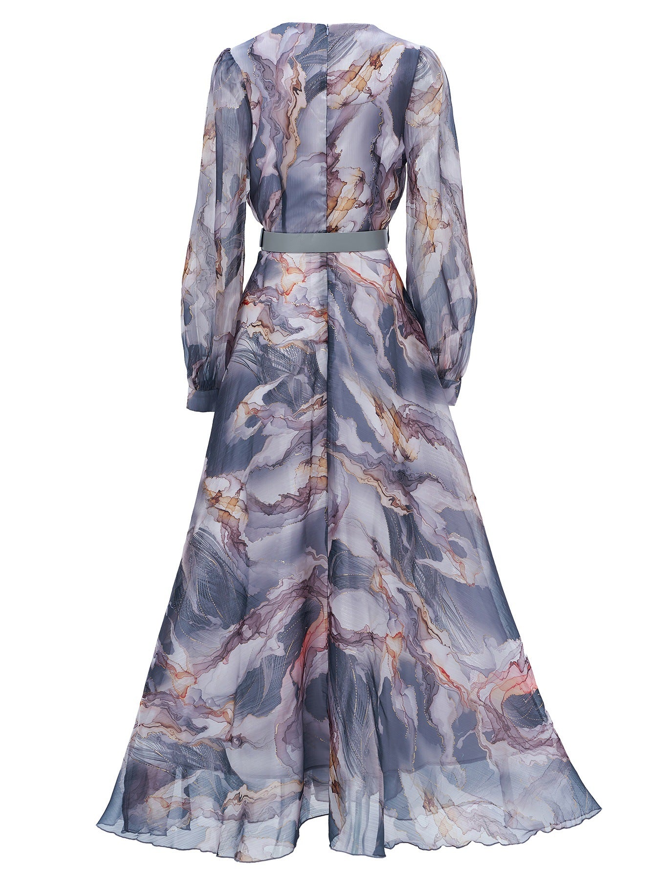 Women long-sleeved V-neck pleated Formal Party mesh dress 11