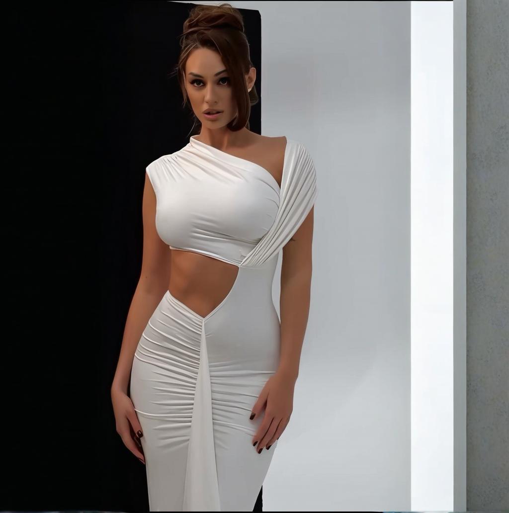 Summer Women Slash Shoulder Hollow Solid Color Sexy Slim Dress 6