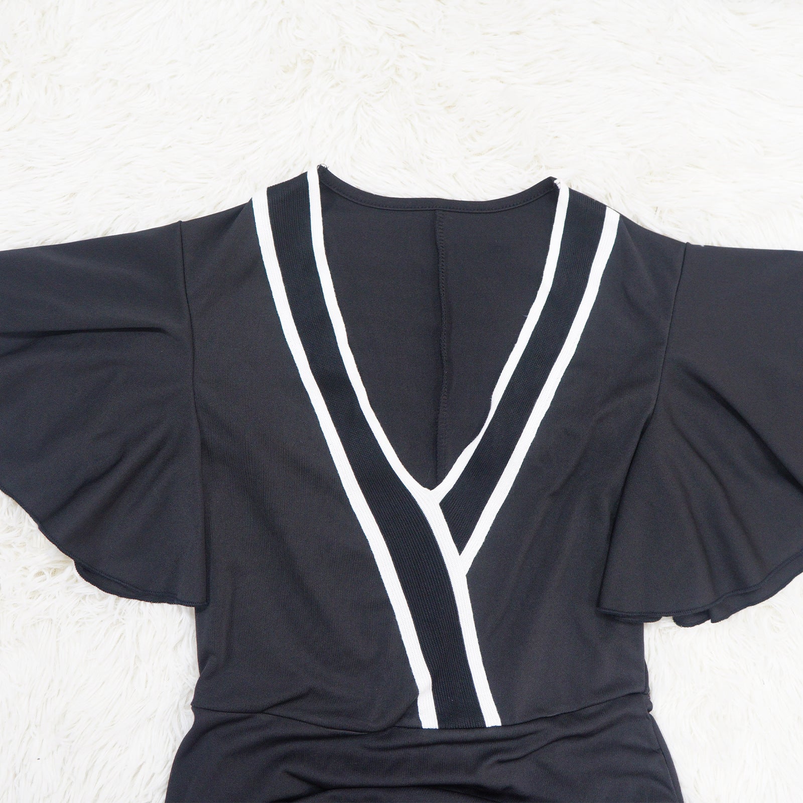 Women Pocket Ruffle Sleeve V-Neck Contrast Patchwork Dress 8