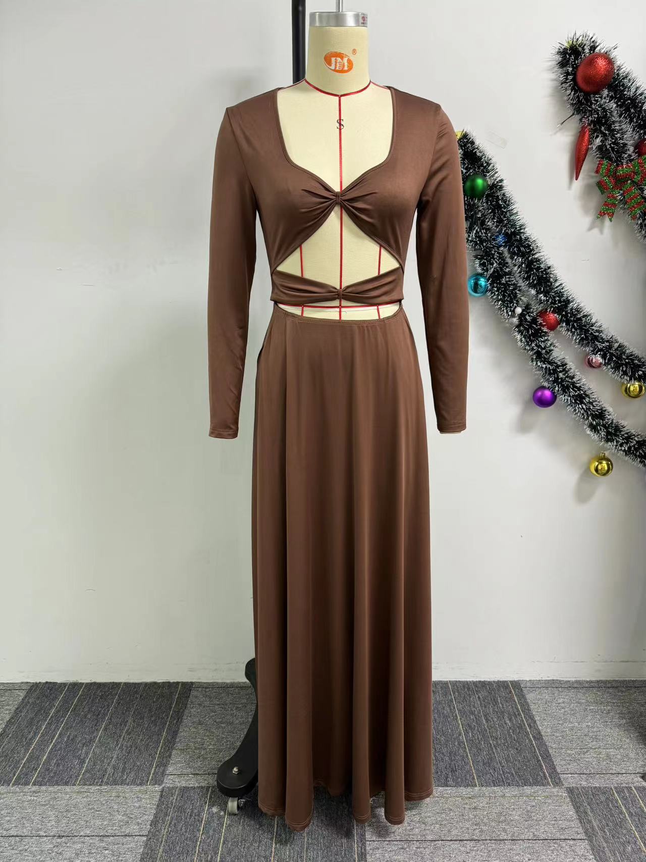 Square Neck Hollow Long Sleeve Tight Fitting Slit Dress 7