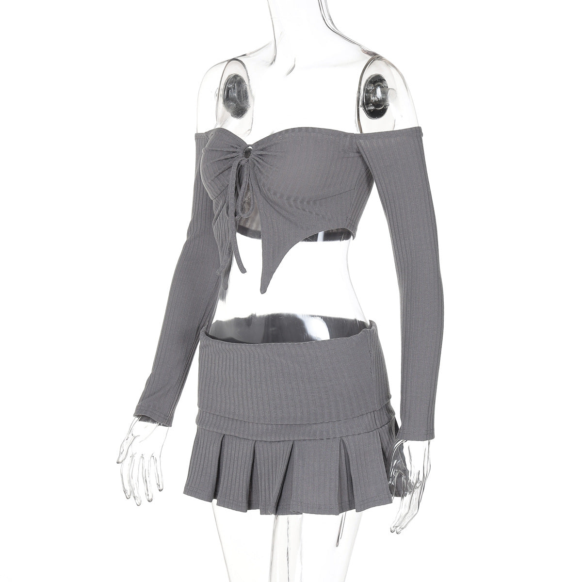 Women Autumn Sexy Off Shoulder Tie Long Sleeve Top and SkirtTwo Piece Set 7