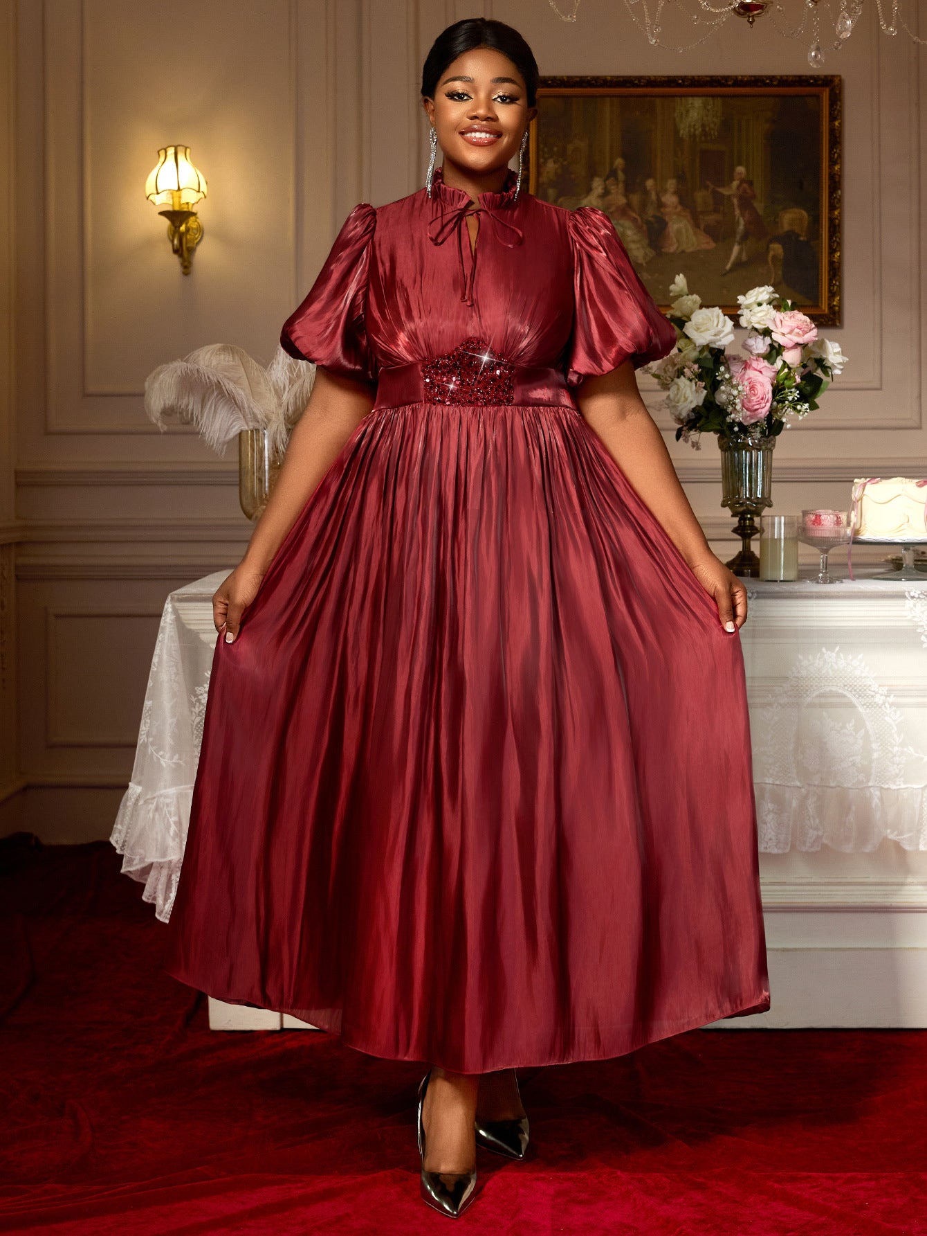Plus-Size Women Lantern Puff Sleeve Ruffle Belted Sequined Formal Party Dress
