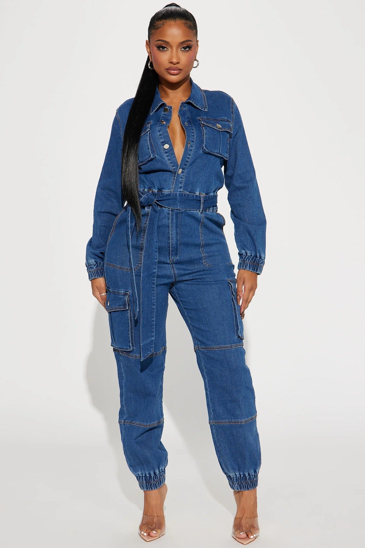 Stylish Street Style Slim Waist Tight Fitting Multi-Pocket Elastic Waist Denim Cargo Jumpsuit