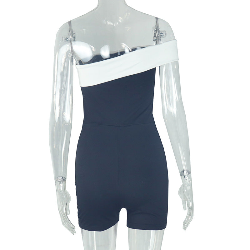 Women Elegant Black and White Colorblock Strapless Off Shoulder Jumpsuit 6