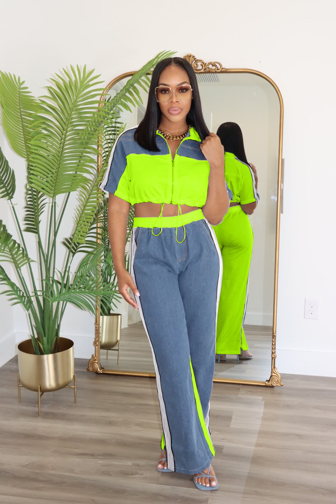 Women Color Blocking Contrast Sports Casual Top + Wide Leg Pants Two-piece Set 6