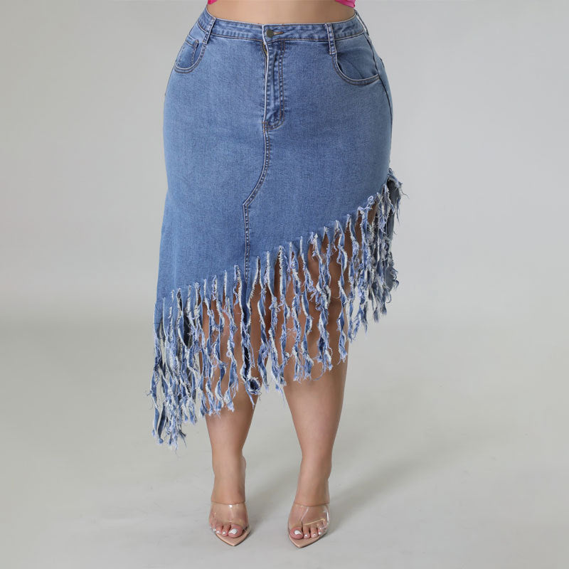 Plus Size Women Fringe Denim Skirt 3