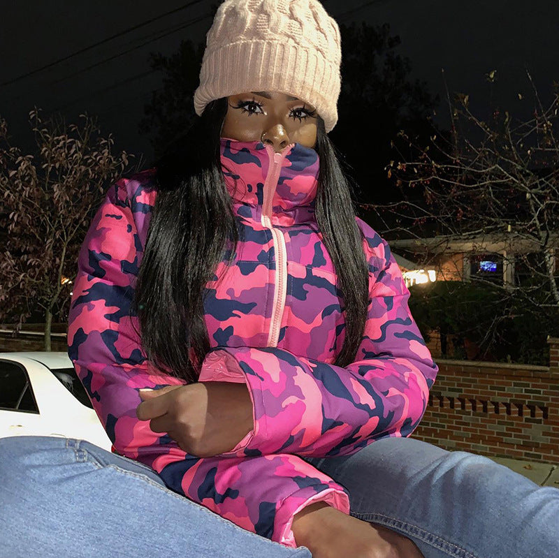 Winter Turndown Collar Camo Print Zip Reversible Women's Cotton Top 6