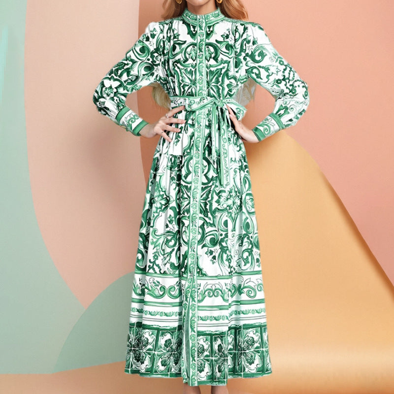 Women Chic Balloon Sleeve Turndown Collar Long Sleeve Dress 9