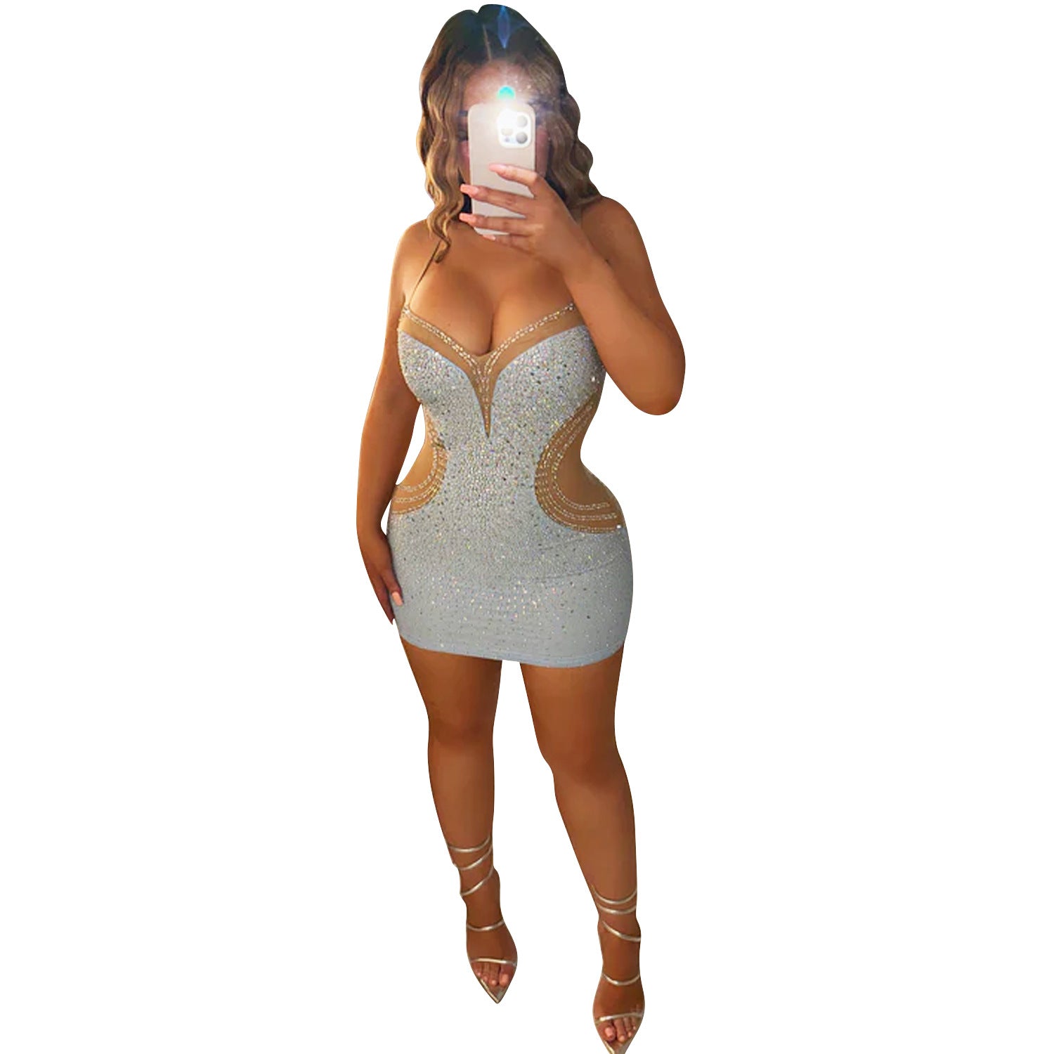 Autumn And Winter Women's Sexy V-Neck Mesh Beaded Patchwork Strap Dress 9