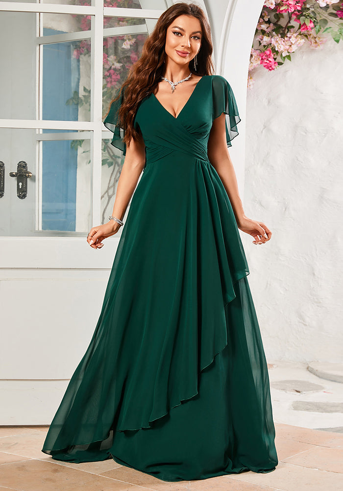 Women V-Neck Chiffon Ruffle Sleeve Pleated Irregular Bridesmaid Dress