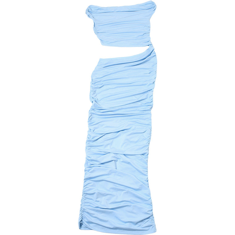 Women Spring Summer Solid Sexy Slash Shoulder Pleated Slit Dress 10