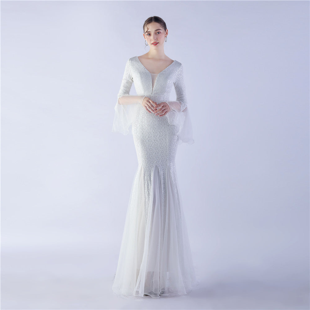 Elegant Flare Mesh Patchwork Mermaid Wedding Dinner Sequins Evening Dress 8
