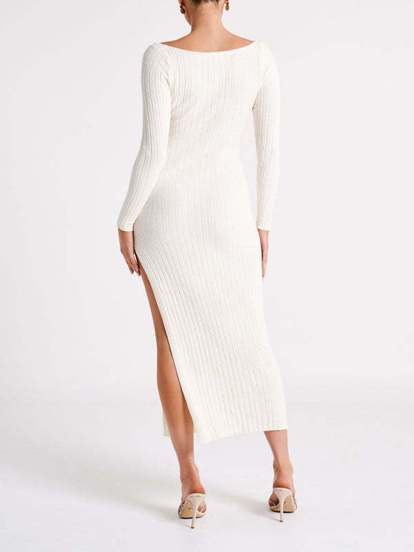 Women Autumn and Winter Round Neck Long Sleeve Slit Sexy Knitting Dress
