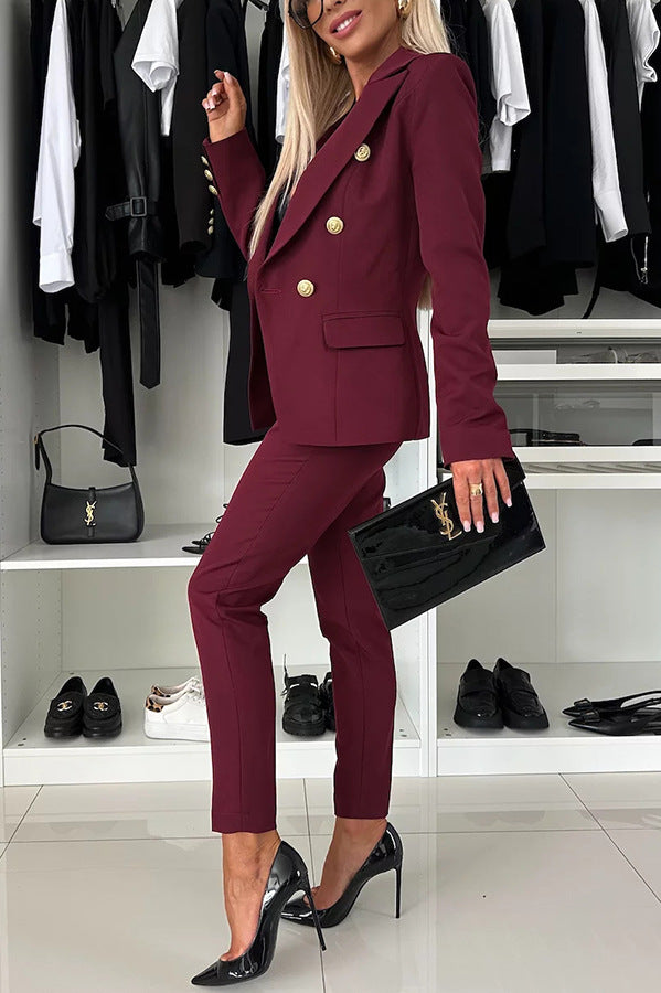 Women Elegant Professional Double-Breasted Blazer and Pants Two-Piece Set 4