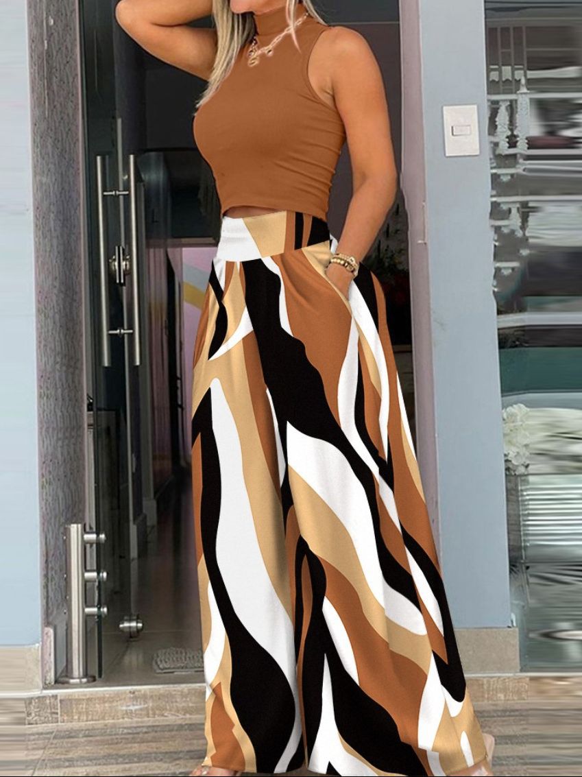 Women's Chic Career Sleeveless Print Tank Top Wide leg pants Fashion two piece Set 12