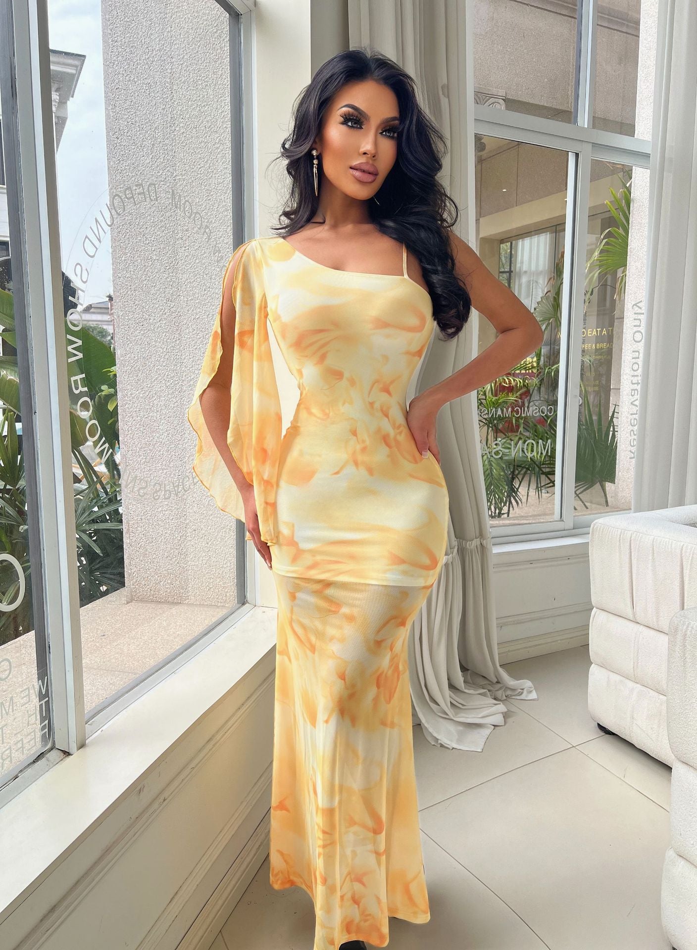 Sexy Slash Shoulder Strap Dress Women Holidays Fishtail Print Mesh Long Dress