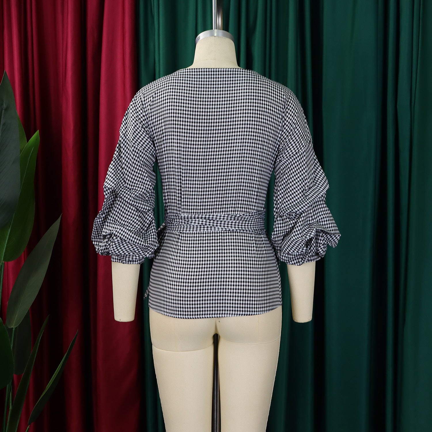 Summer Plus Size Fashion V-Neck Bubble Sleeves Lace-Up Plaid Shirt Top 9