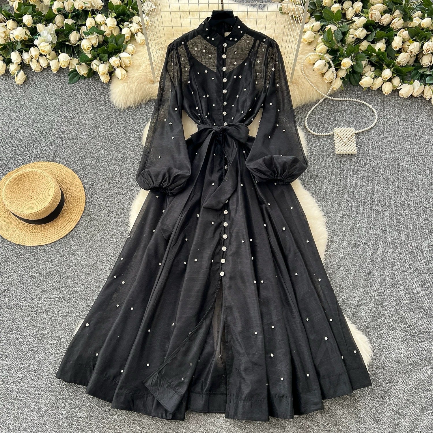 Spring Autumn Diamond Stand Collar Lantern Sleeve Button Belt Slim Waist Chic Dress 5