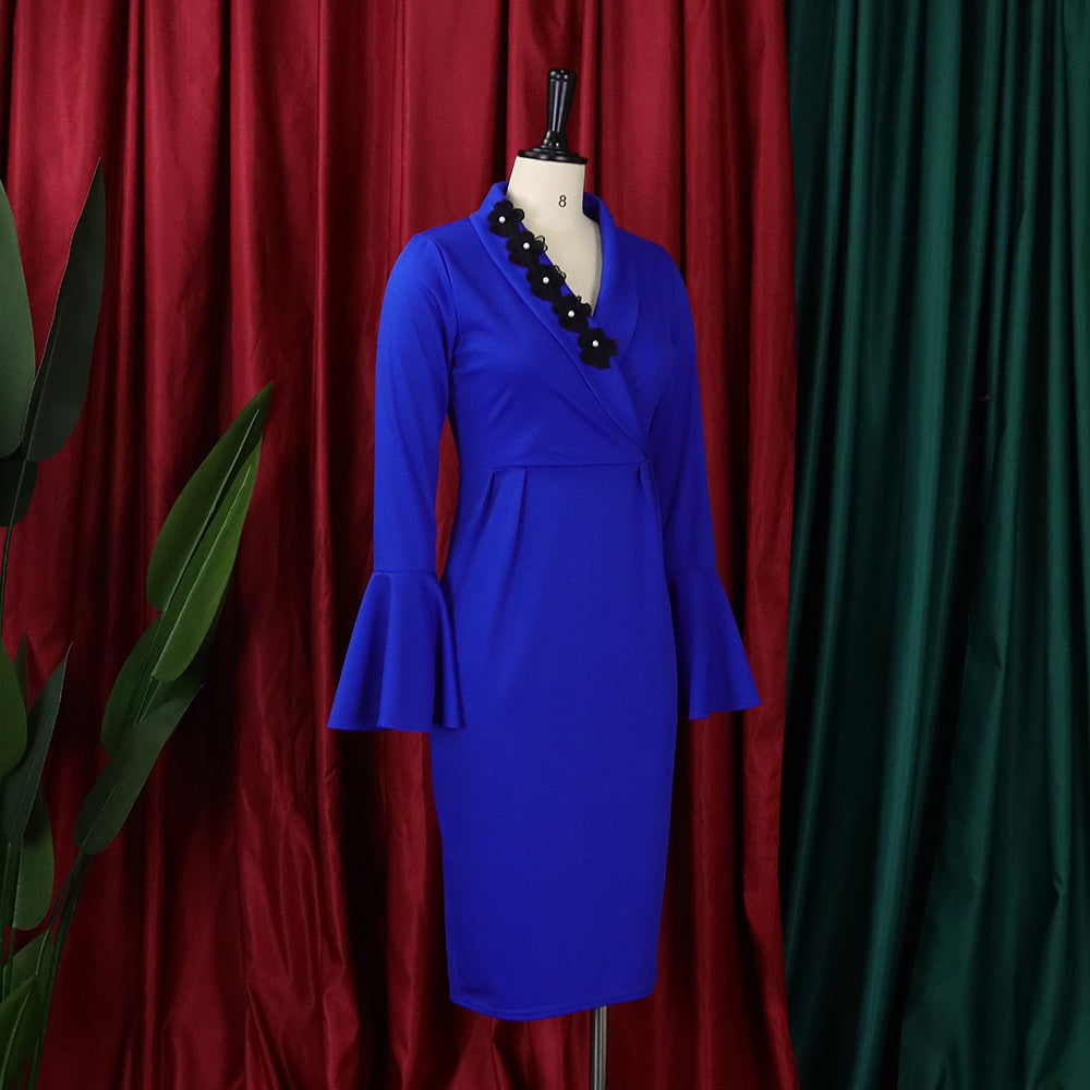 Women's Fall Winter V-Neck Chic Elegant Bell Bottom Sleeve Slit Bodycon Dress 18