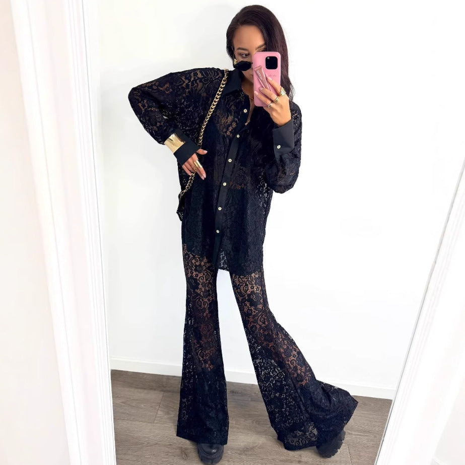 Women Hollow White Cardigan Lace Shirt and Wide-leg Pants Two-piece Set 7