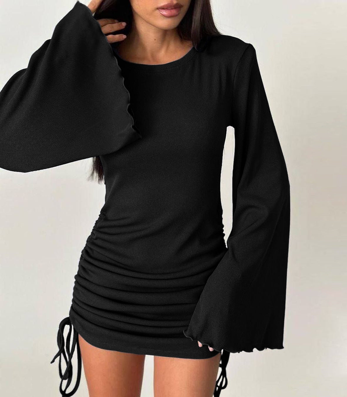 Women sexy Round Neck Bell Bottom sleeve lace-up knitting solid dress 4
