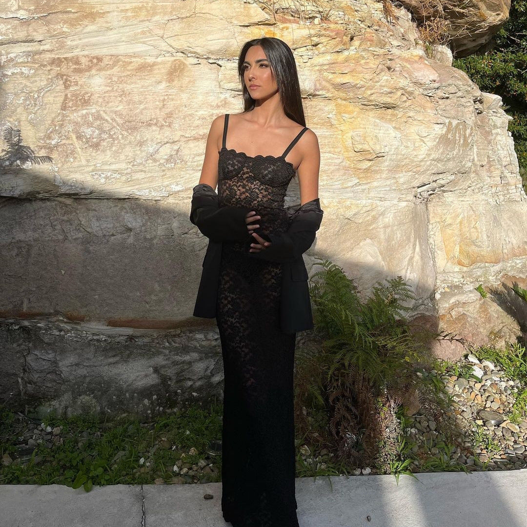 Summer Women's Fashion Strap Sexy See-Through Lace Slim Dress