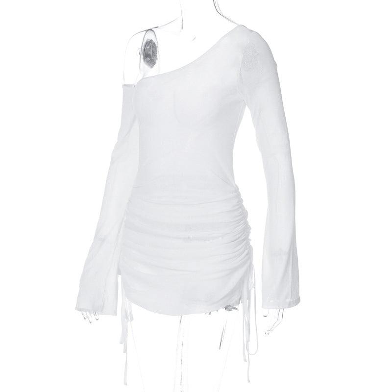 Women's  Autumn Slash Shoulder Long Sleeve Sexy See-Through Short Dress 10