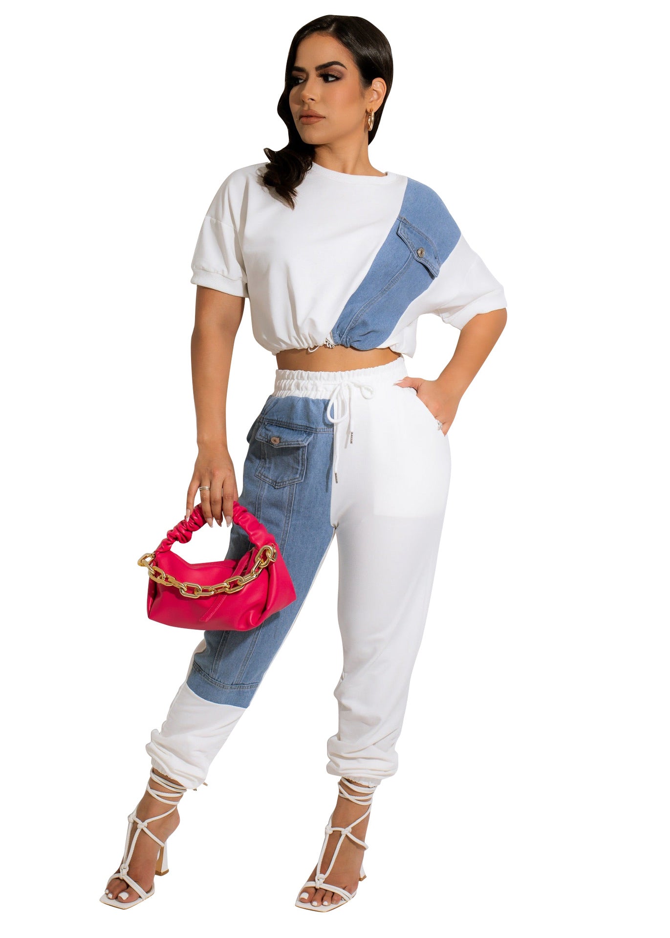 Women Fashion Solid Contrast With Denim Top And Pant Two Piece Set 14