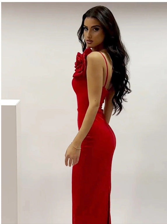 deep v flower slim solid color fashion elegant party dress 6