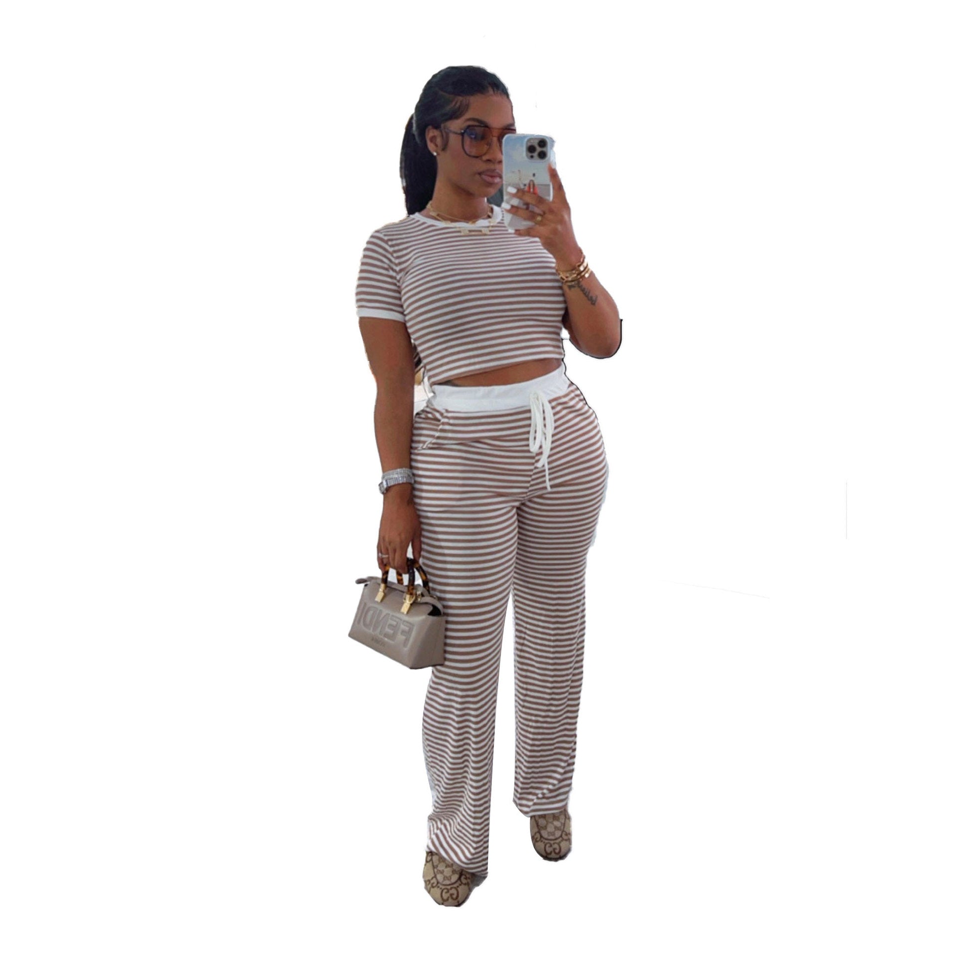 Casual Short Sleeve Striped Two-Piece Pants Set 6