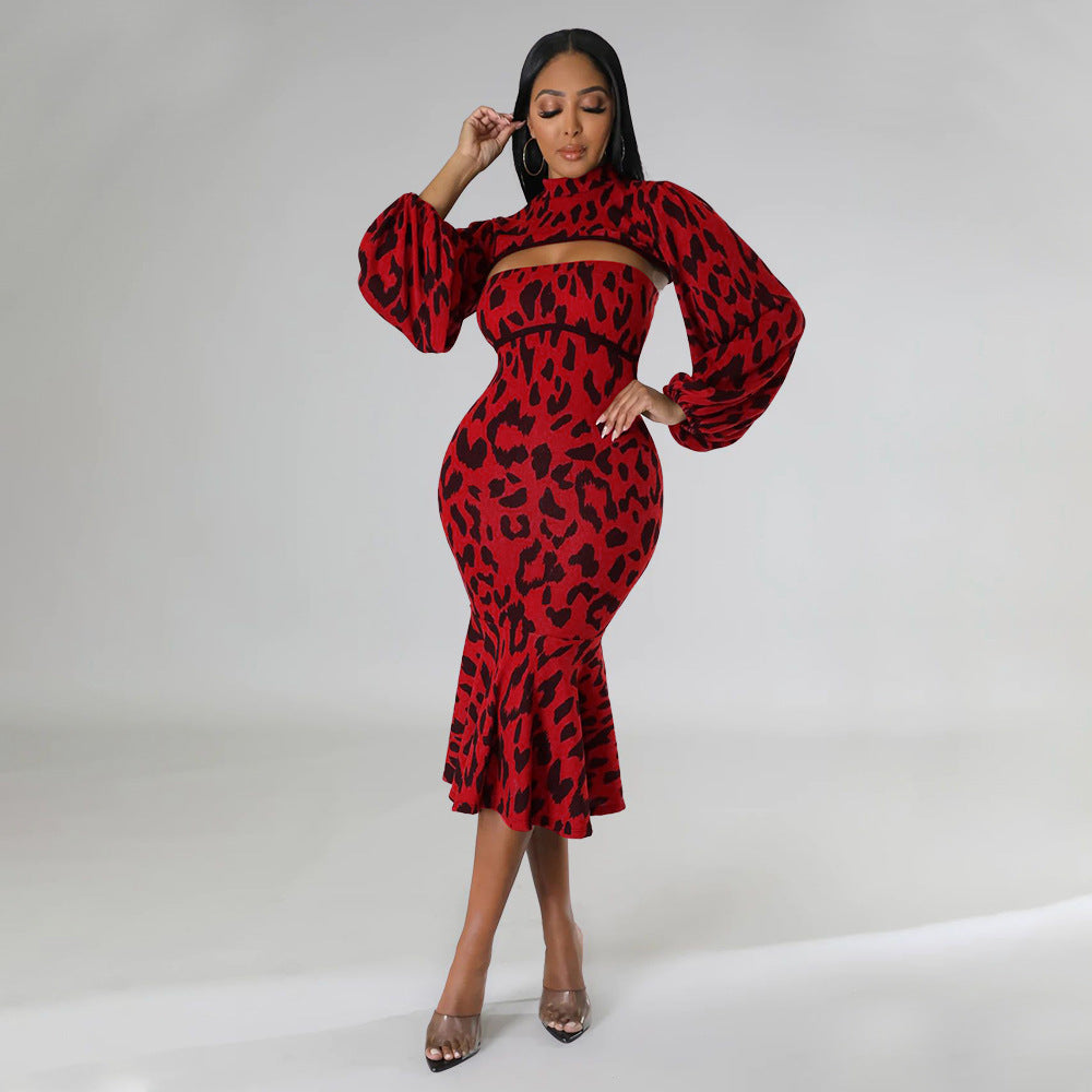 Women'S Autumn Leopard Print Puff Sleeve Cape Top Strapless Mermaid Dress Two-Piece Set 8